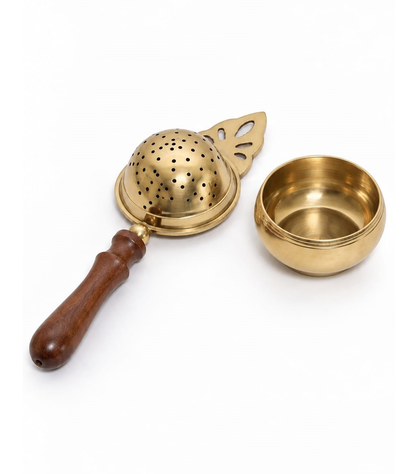 BRASS WOOD-HANDLE TEA STRAINER