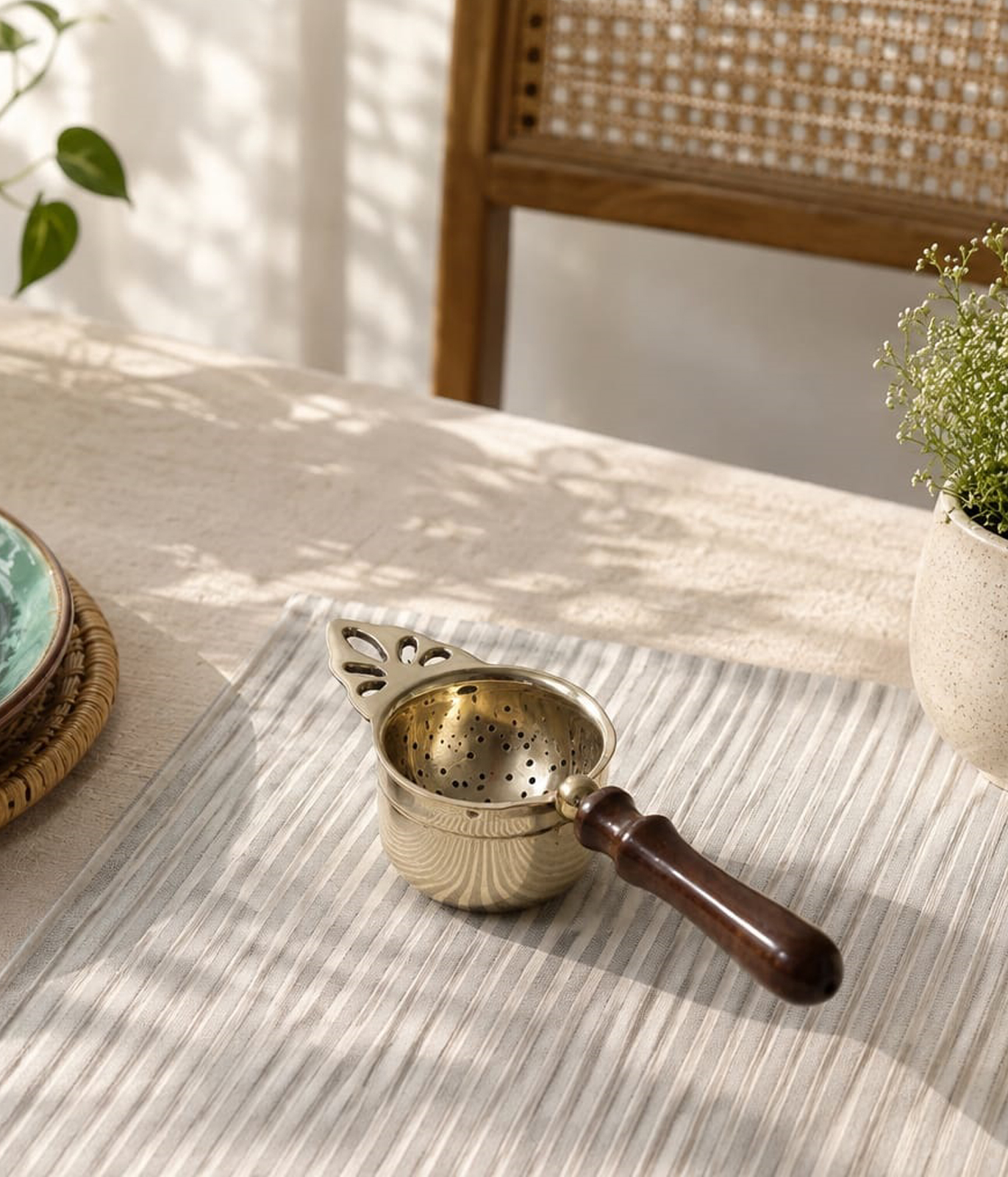 BRASS WOOD-HANDLE TEA STRAINER